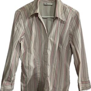 Dressbarn Women's 3/4 Sleeve White, Pink and Red Casual Button Down Shirt